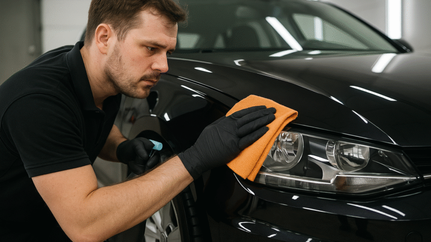 człowiek czyszczący auto